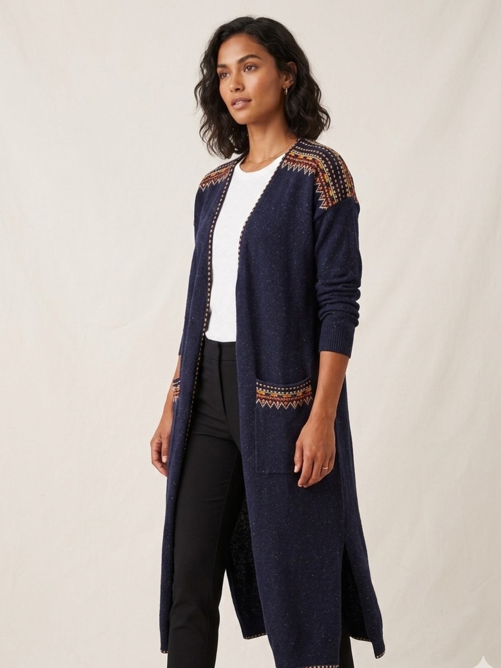 Soft Surroundings Ochoa Aztec Embroidered Duster Cardigan-Navy Blue Boho S/M